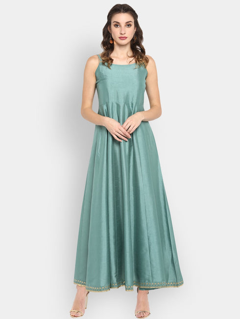 Light Green Poly Silk Gold Print Anarkali Ethnic Dress